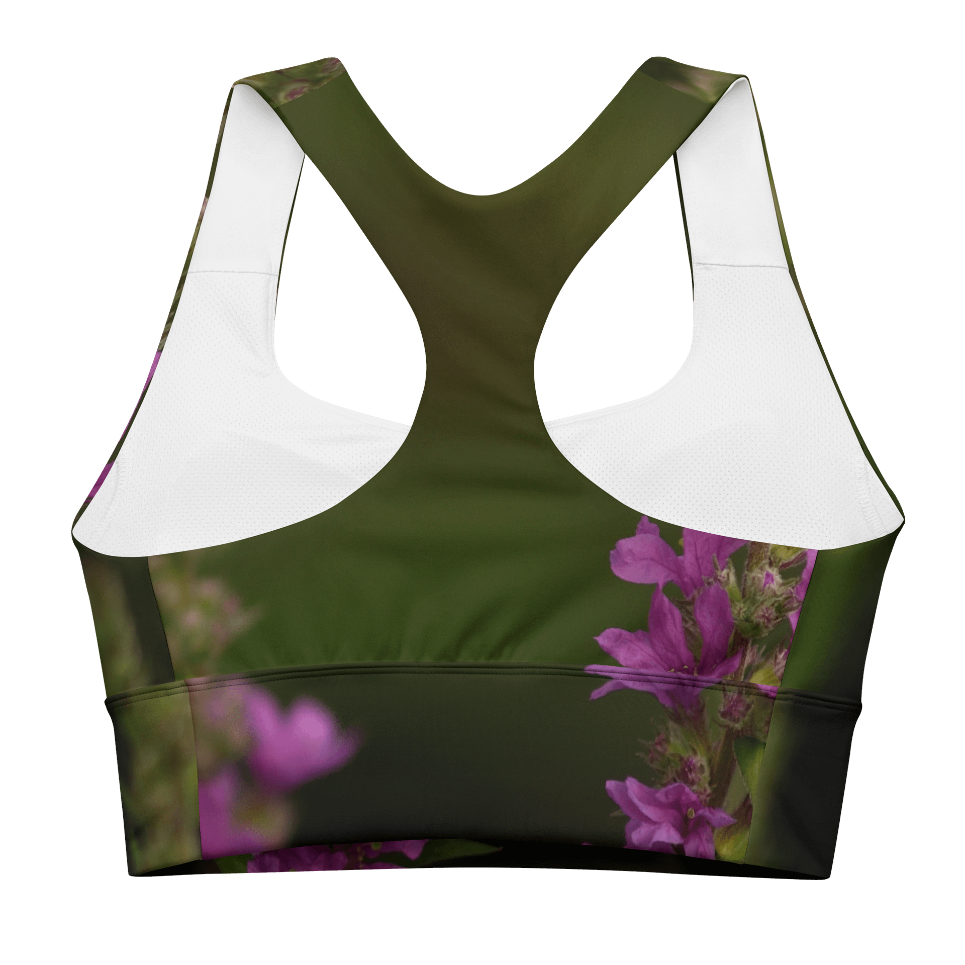 Longline-Sport-BH aus recyceltem Material - Violette Blüten vor dunklem Hintergrund product image (2)