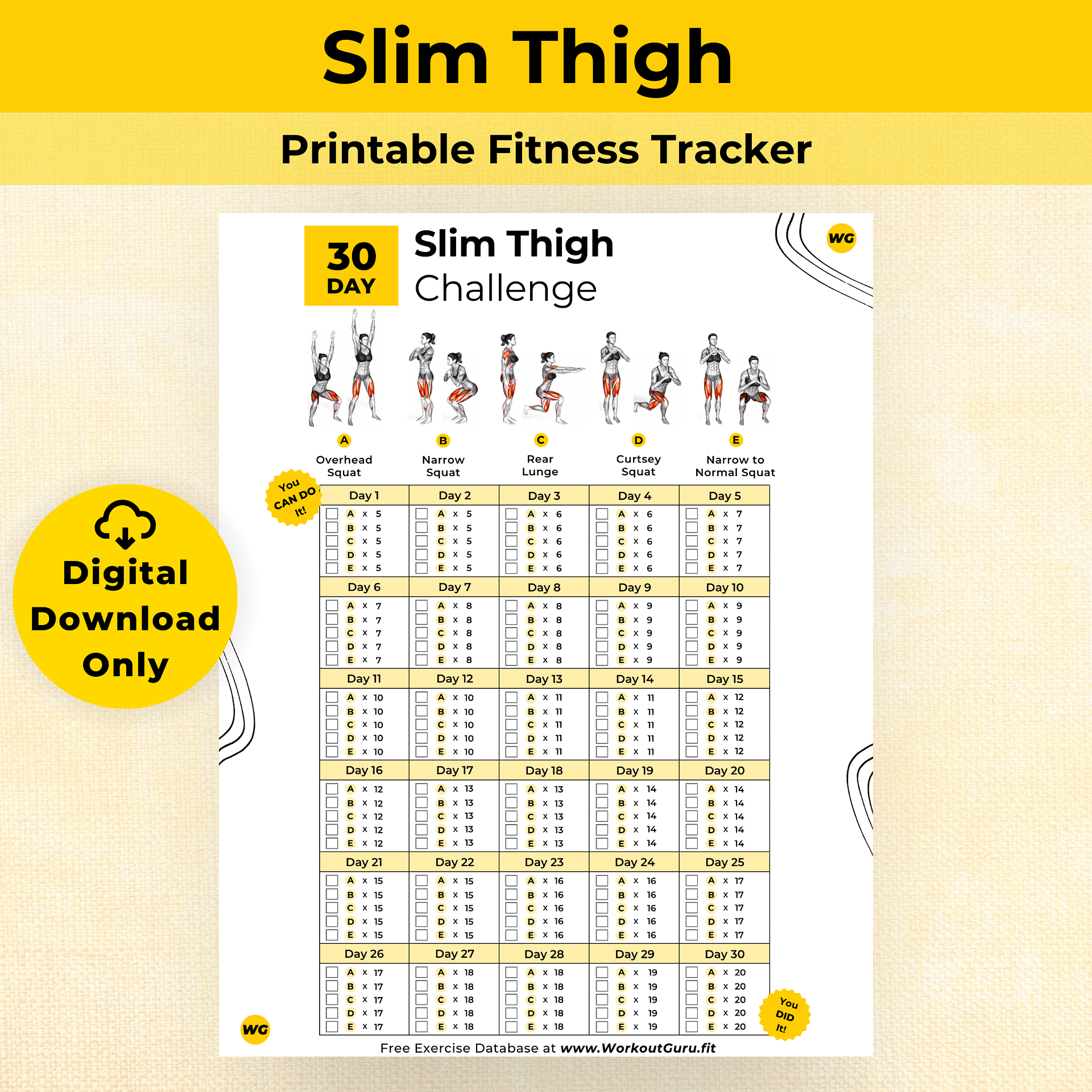 30 Day Slim Thigh Challenge - Printable Workout Tracker product image (1)