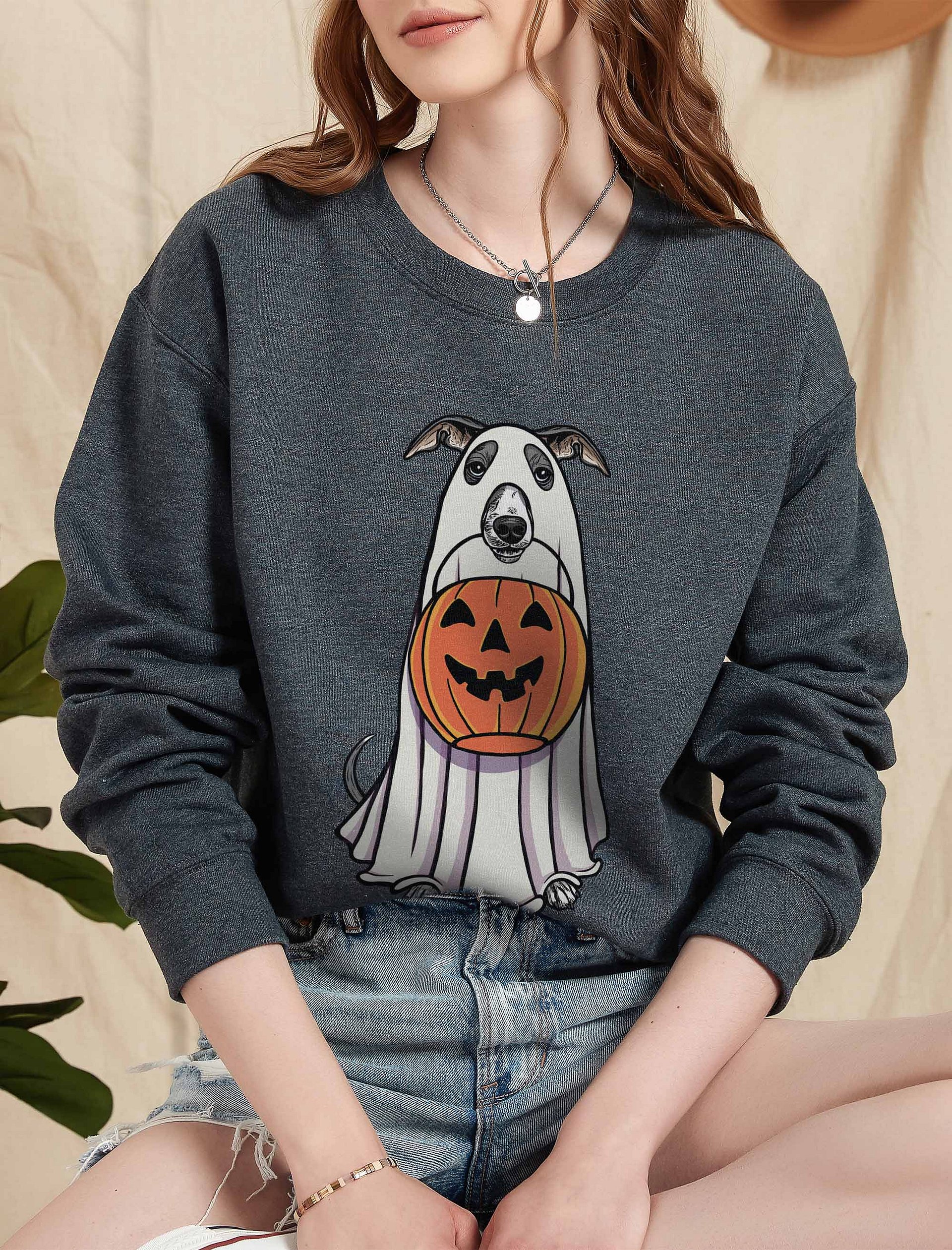Funny Halloween Italian Greyhound(Blue & White) Sweatshirt | Funny Iggy Wearing a Ghost Costume and Holding a Pumpkin Basket product image (5)