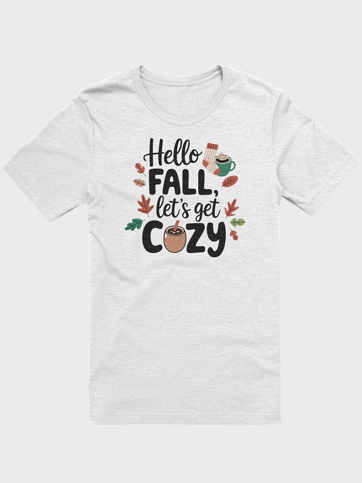 Hello FALL, let’s get COZY” t-shirt, Unique fall fashion, Cozy knit illustrations, Fun gifts for autumn lovers, Autumn-inspired t-shirt, Cozy vibes apparel, Playful motivational message, gift idea product image (1)