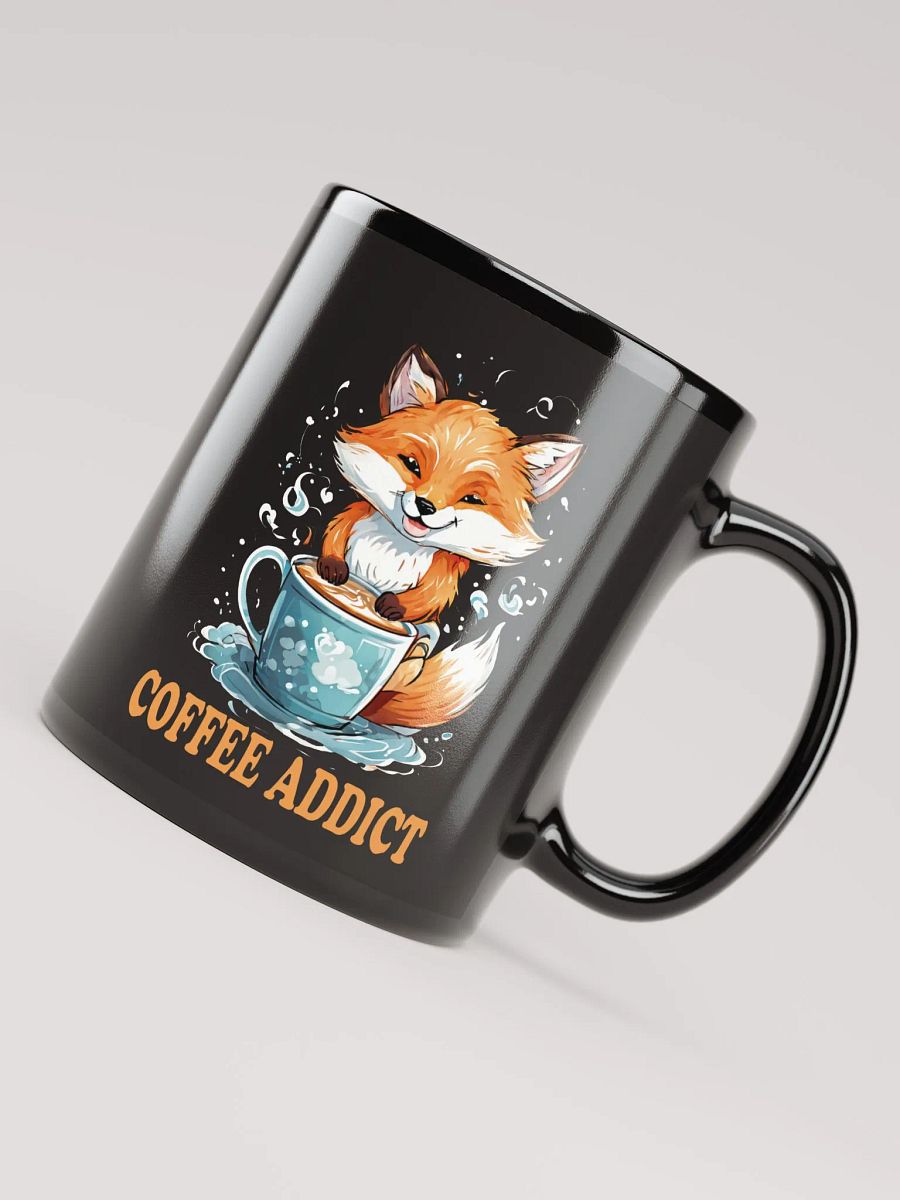 Coffee Addict Funny Black Glossy Mug | Double-Sided Cute Fox Holding Coffee Cup Design | Perfect Gift for Coffee Lovers product image (4)