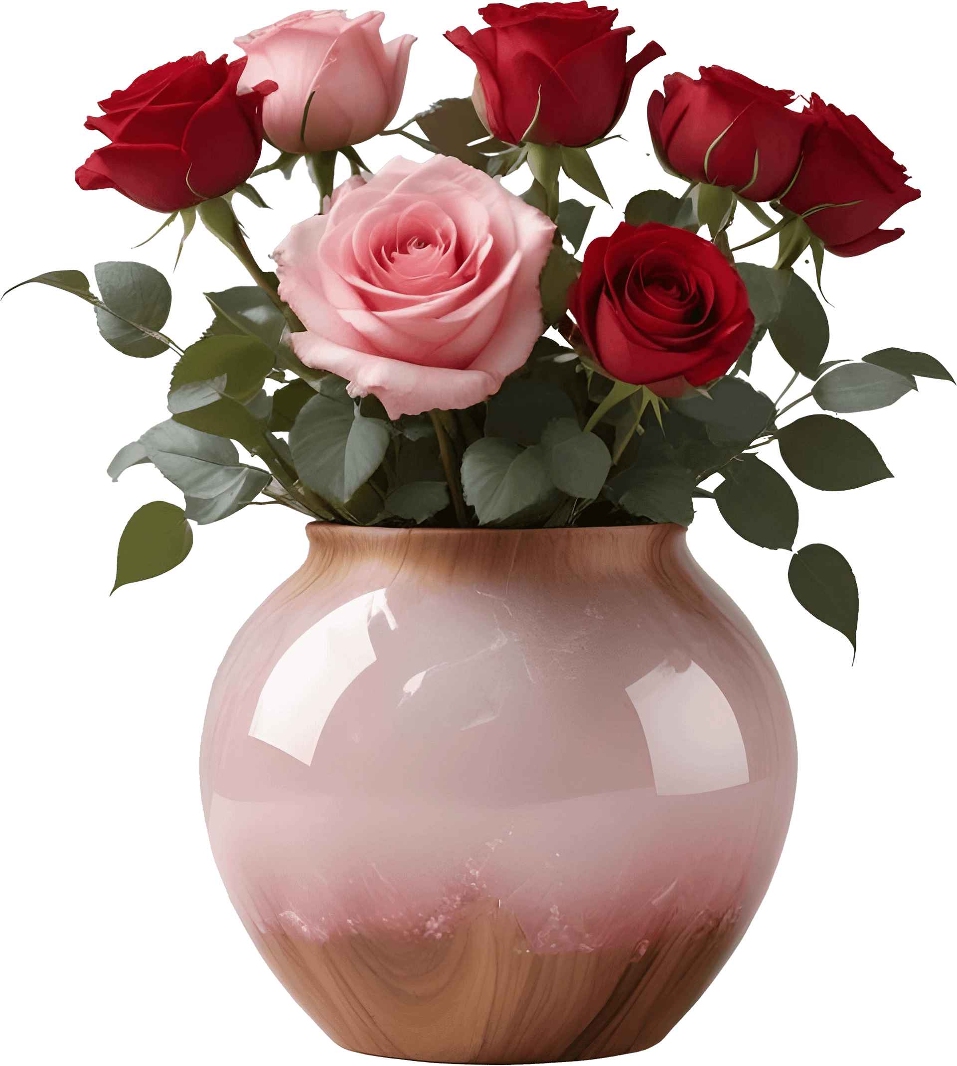 Pink Gradient Wood Vase with Red and Blush Roses PNG product image (1)