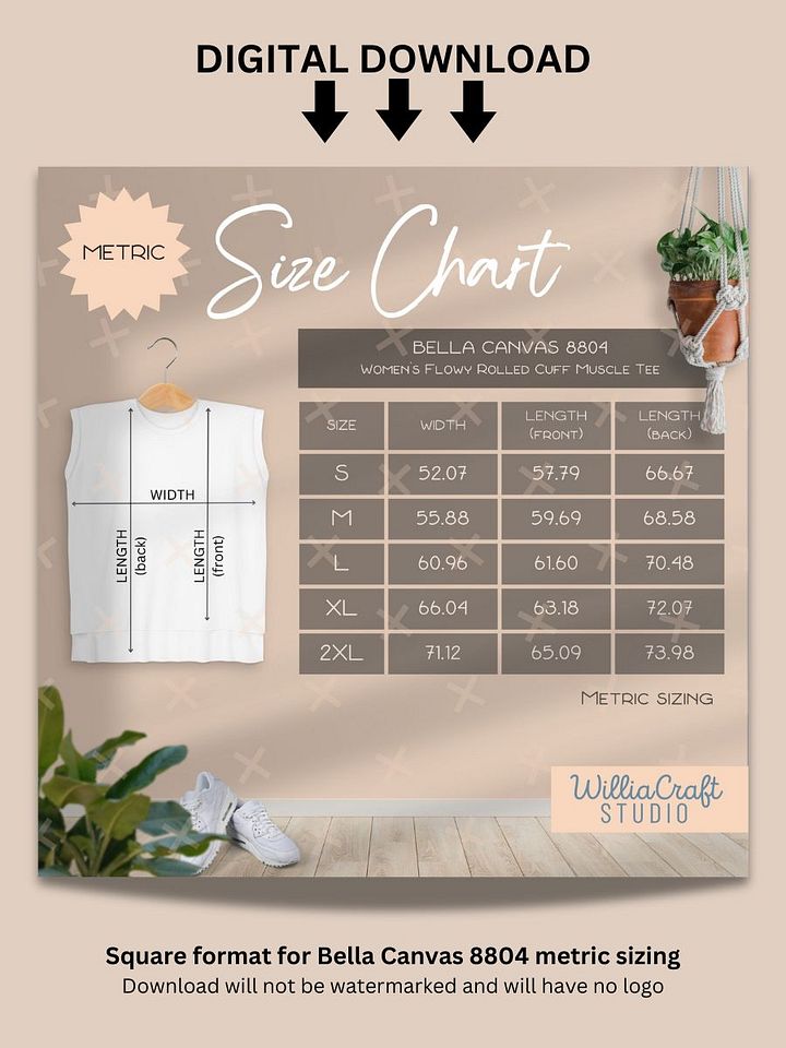 Size Chart for Bella Canvas 8804 (Flowy rolled cuff Muscle Tee for women) - Digital Download product image (2)
