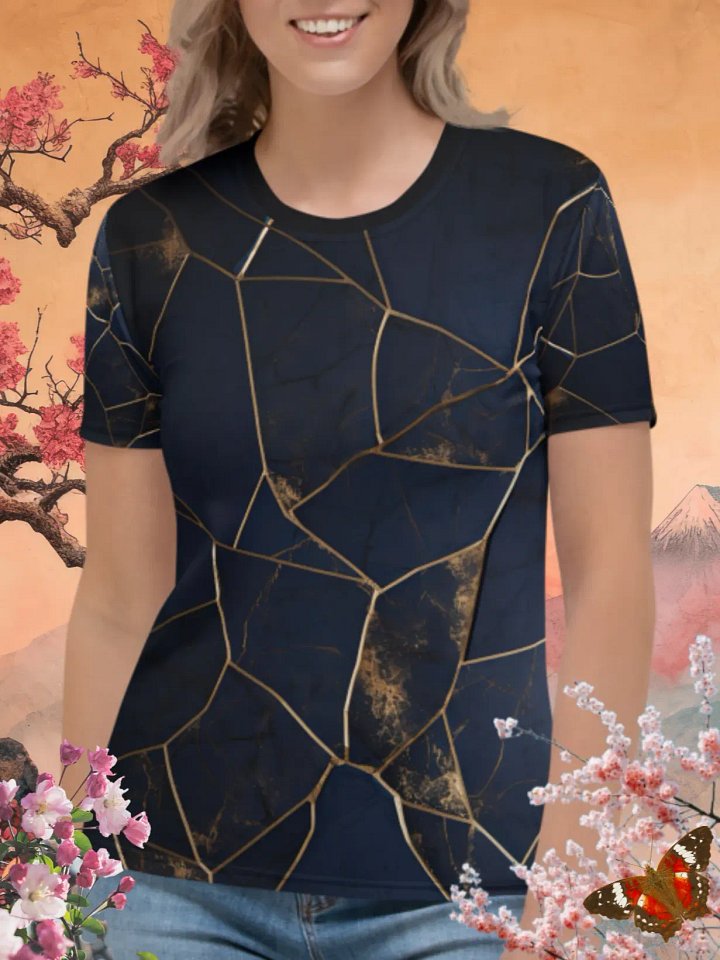 Dark Blue & Gold Kintsugi Print T-Shirt product image (1)