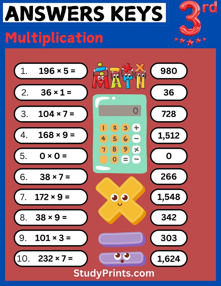 4th Grade Multiplication Worksheet with Answer Key product image (2)