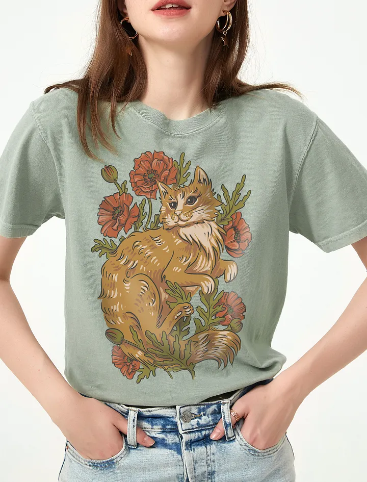 Goblincore and Cottagecore Shirts for Cat Lovers | Red House Cat on Poppies Flowers Botanicals T-Shirt product image (1)