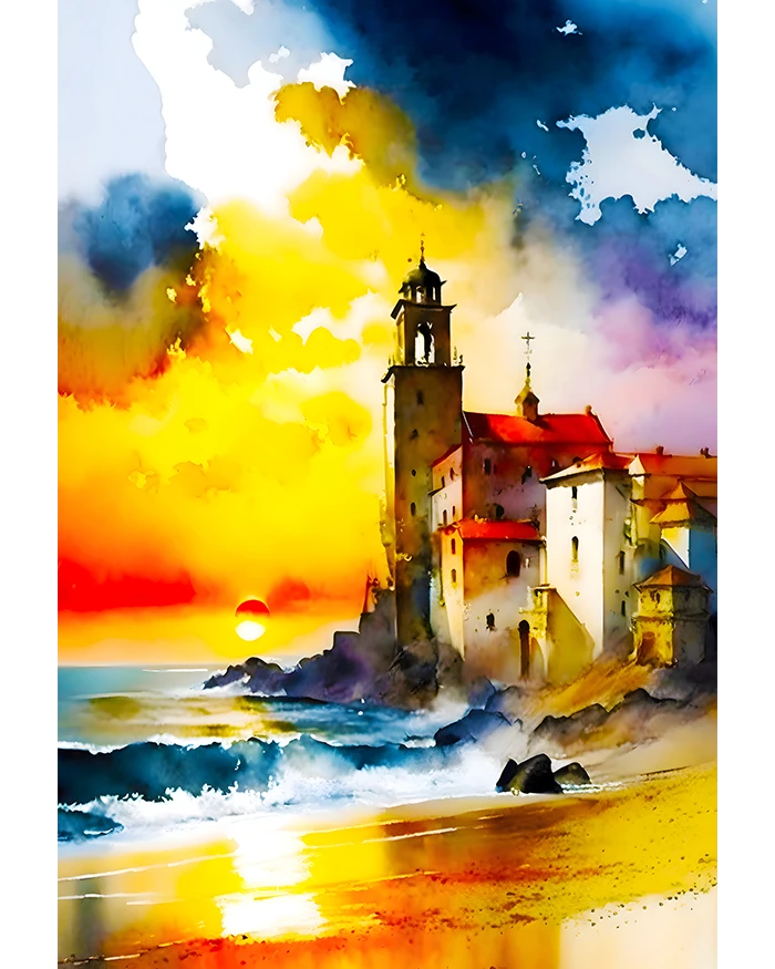 Old European Coastal Lighthouse at Sunset with Stunning Beach Watercolor Art Matte Poster product image (1)