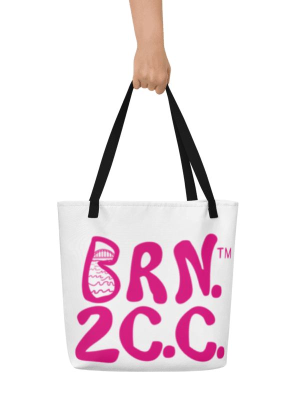 BRN.2C.C.™ | Large Tote Bag with Pocket | Coastal Classic | All-Over Logo Print | Pink Logo on White product image (1)