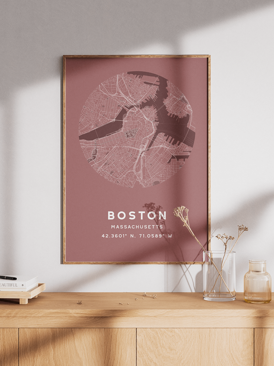 Boston Street Map Poster – Red Minimalist Circular City Art product image (1)