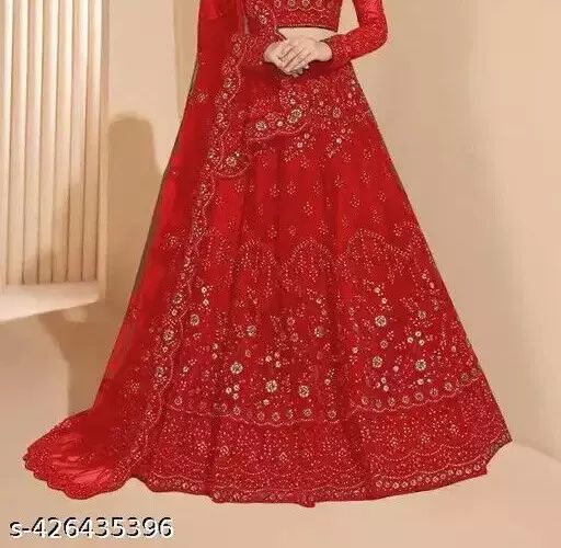 Indian Traditional Net Embroidered Lehenga Choli Set For Girls - Red product image (2)