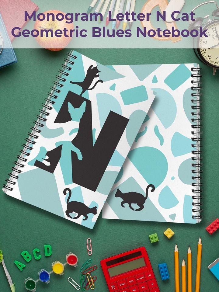 Monogram Letter N Cat Lover Geometric Blues Notebook product image (1)