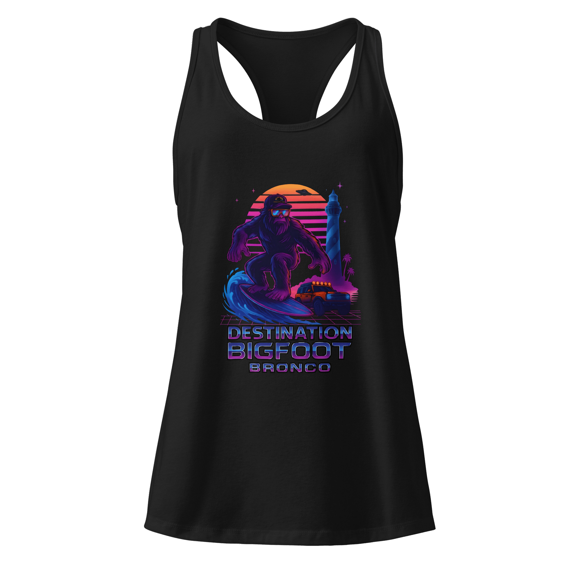 Destination Bigfoot Bronco Synthwave Next Level Women's Racerback Tank Top (Multi Color Options) product image (1)