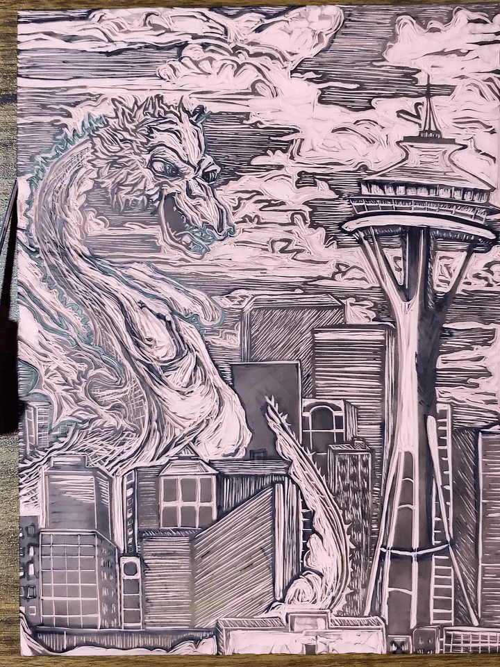 Kaiju Dragon in Seattle Linocut Print product image (2)