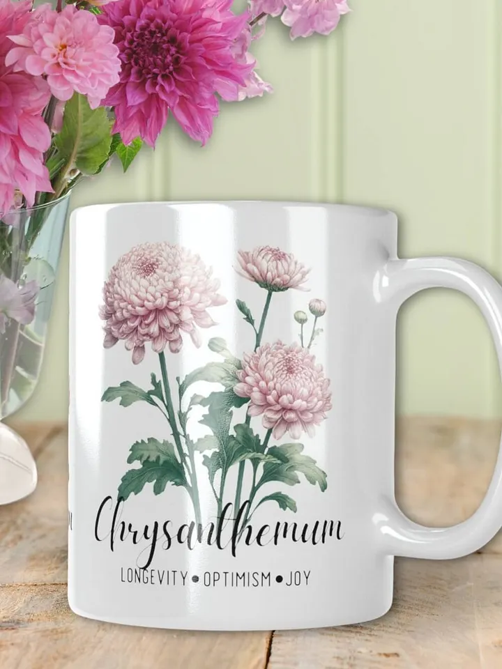 Chrysanthemum Ceramic White Mug: Longevity, Optimism, Joy November Birth Month Flower product image (2)