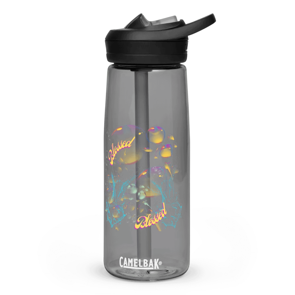 Camelbak water bottelvwith beautiful swirly blue water splash and drops design featuring “Blessed’ product image (1)
