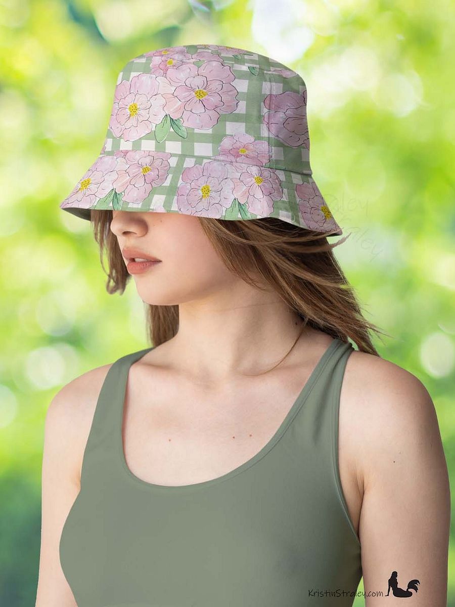 Pink Flowers on Gingham and Solid Green Reversible Bucket Hat product image (5)