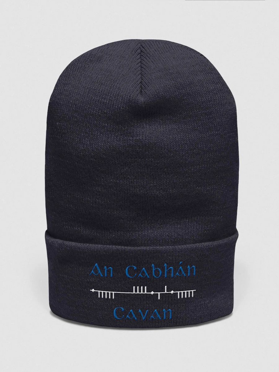 Cavan/An Cabhán, Blue and White, Scholastic Style Ogham embroidered Cuffed Beanie product image (3)