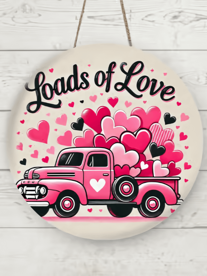 Loads of Love Pink Valentine Truck Round Door Sign Sublimation Design – high-quality 300 DPI PNG digital download product image (1)
