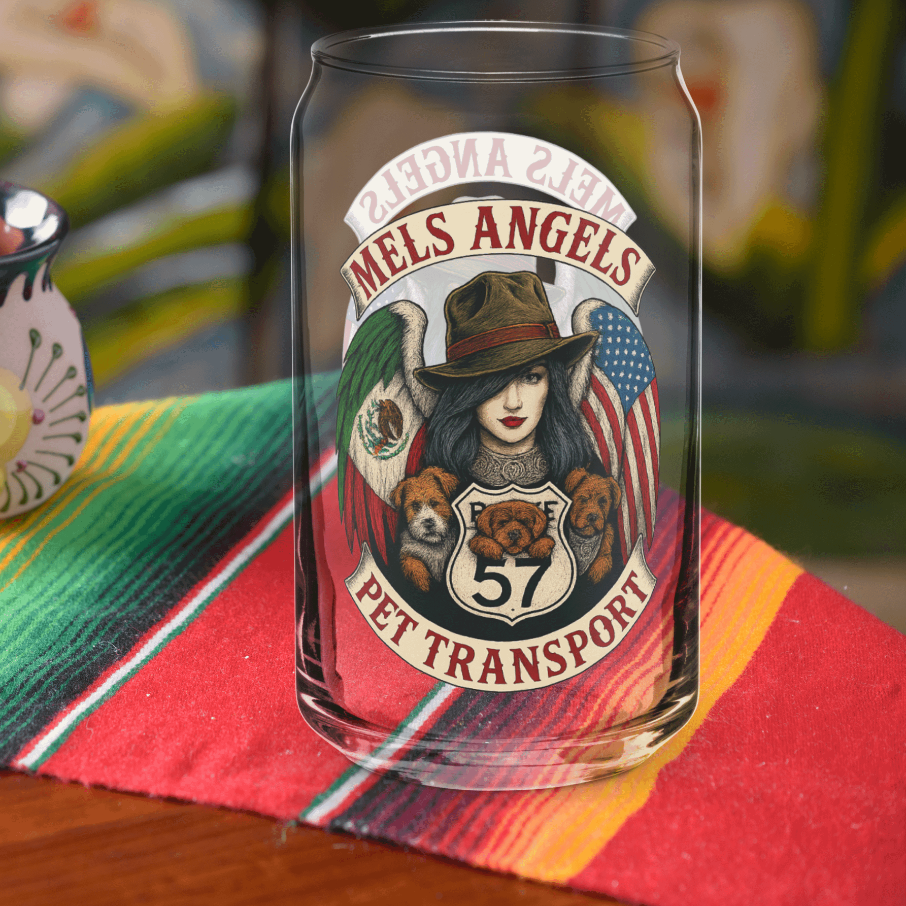 Mels Angels Pet Transport Can-Shaped Glass – Mexican American Route 57 Design product image (2)