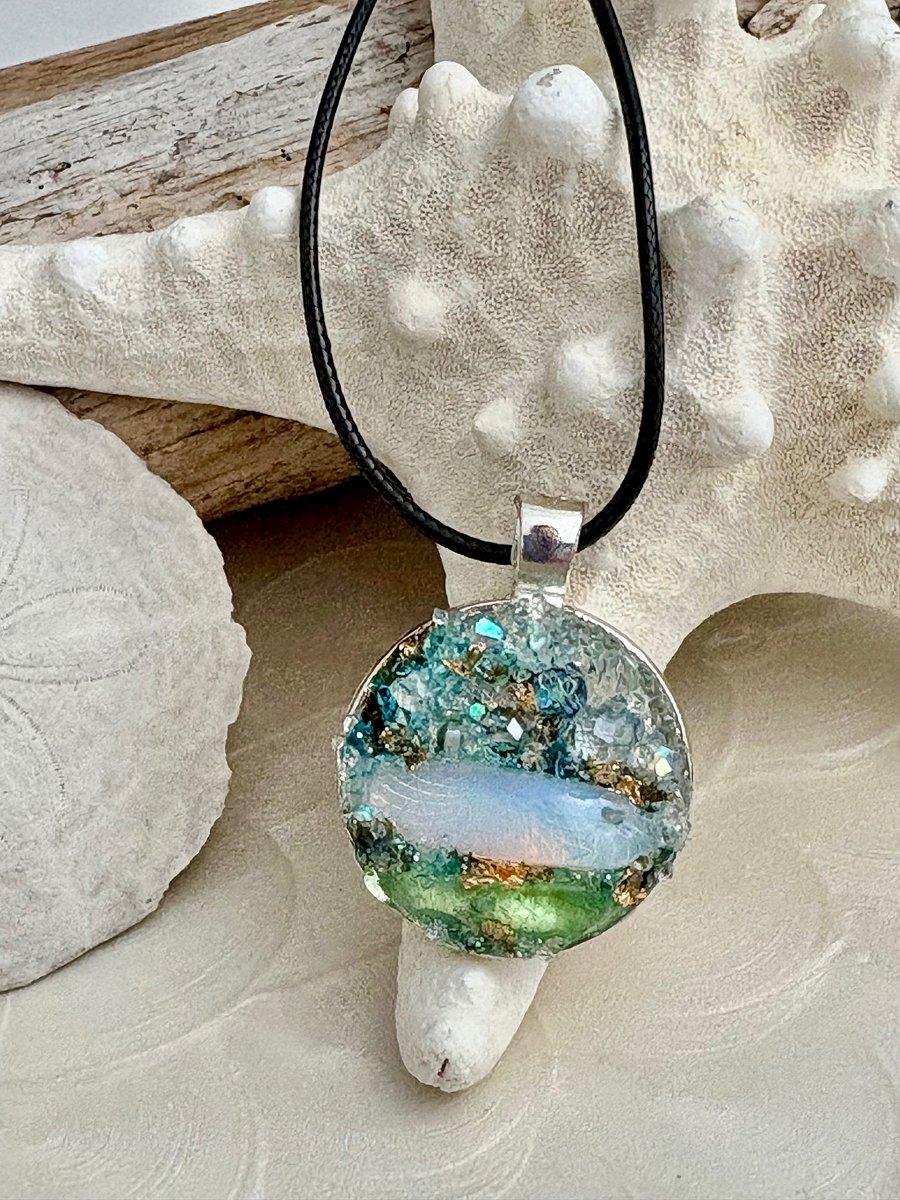 Mixed Metal Horizon Sea Glass Pendant Necklace | Handmade Bead & Sea Glass Art | Coastal Charm Jewelry by Monique Faella Designs™ | MFD-00228 product image (1)