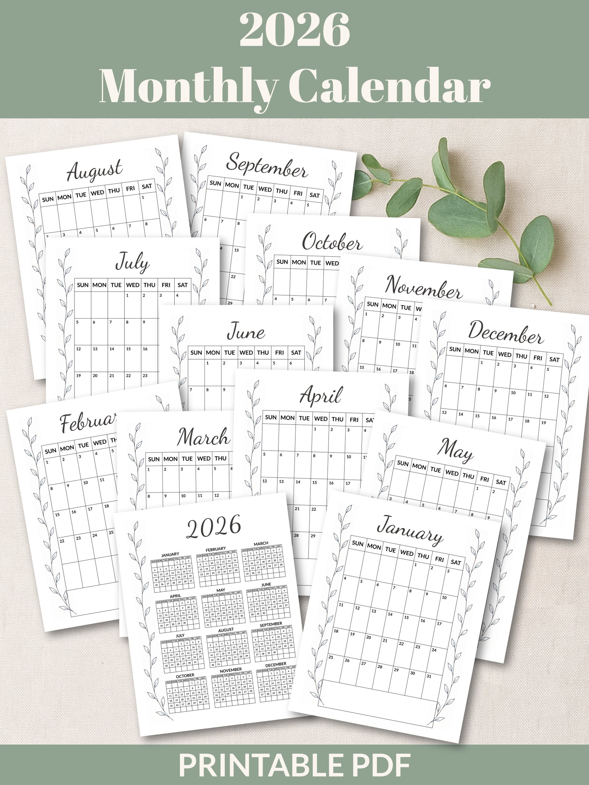 Printable 2026 Monthly Calendar With Leaves Border product image (4)