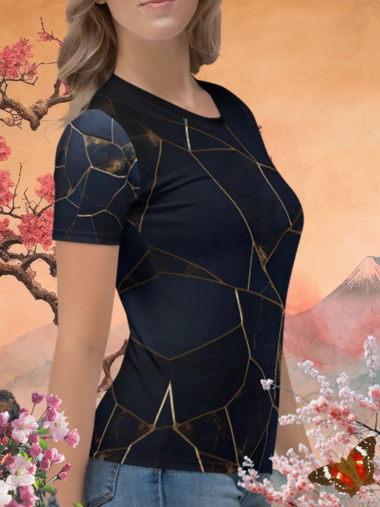 Dark Blue & Gold Kintsugi Print T-Shirt product image (3)