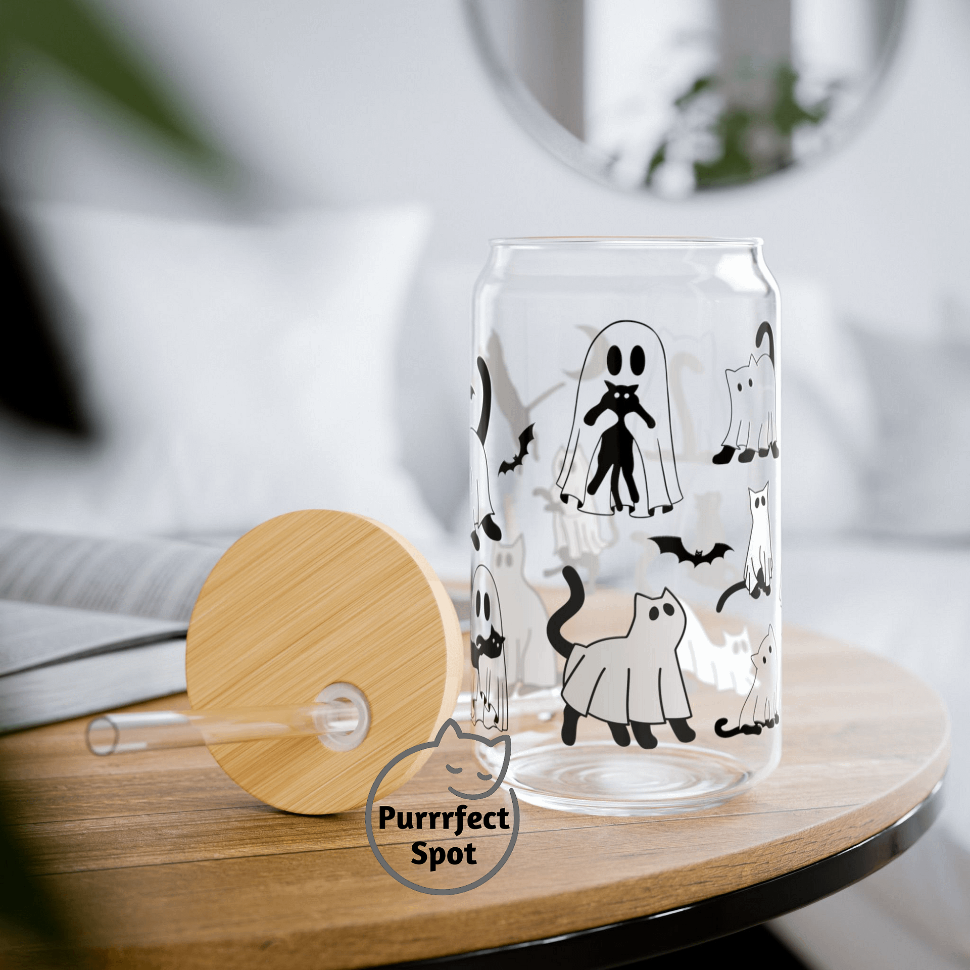 Ghost Cats 16oz Glass Can Cup – Spooky Cute Cat Cup 🐾👻🦇 product image (1)