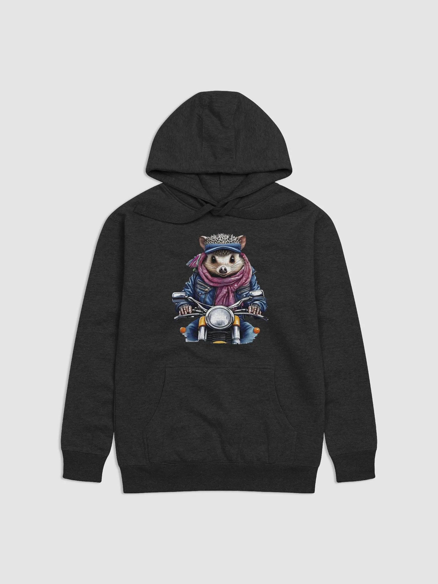 hedgehog wearing a jacket hat and a scarf on a motorcycle Hoodie product image (1)