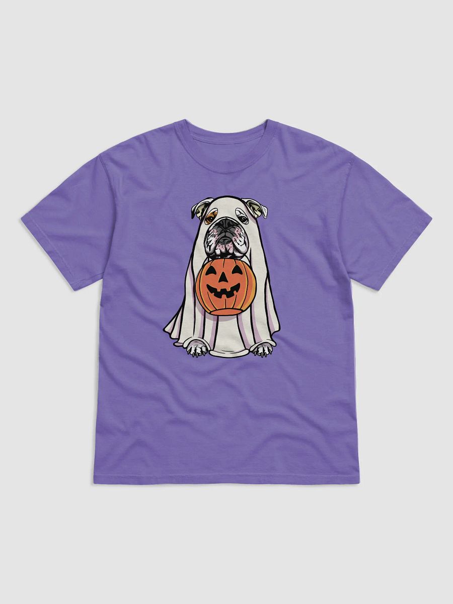 Funny Halloween English Bulldog(White) T-Shirt | Funny English Bulldog Wearing a Ghost Costume and Holding a Pumpkin Basket product image (27)