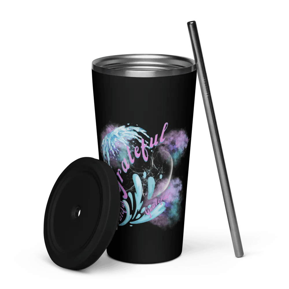 Insulated tumbler with beautiful swirly blue water splash and drops design featuring “grateful’ product image (5)