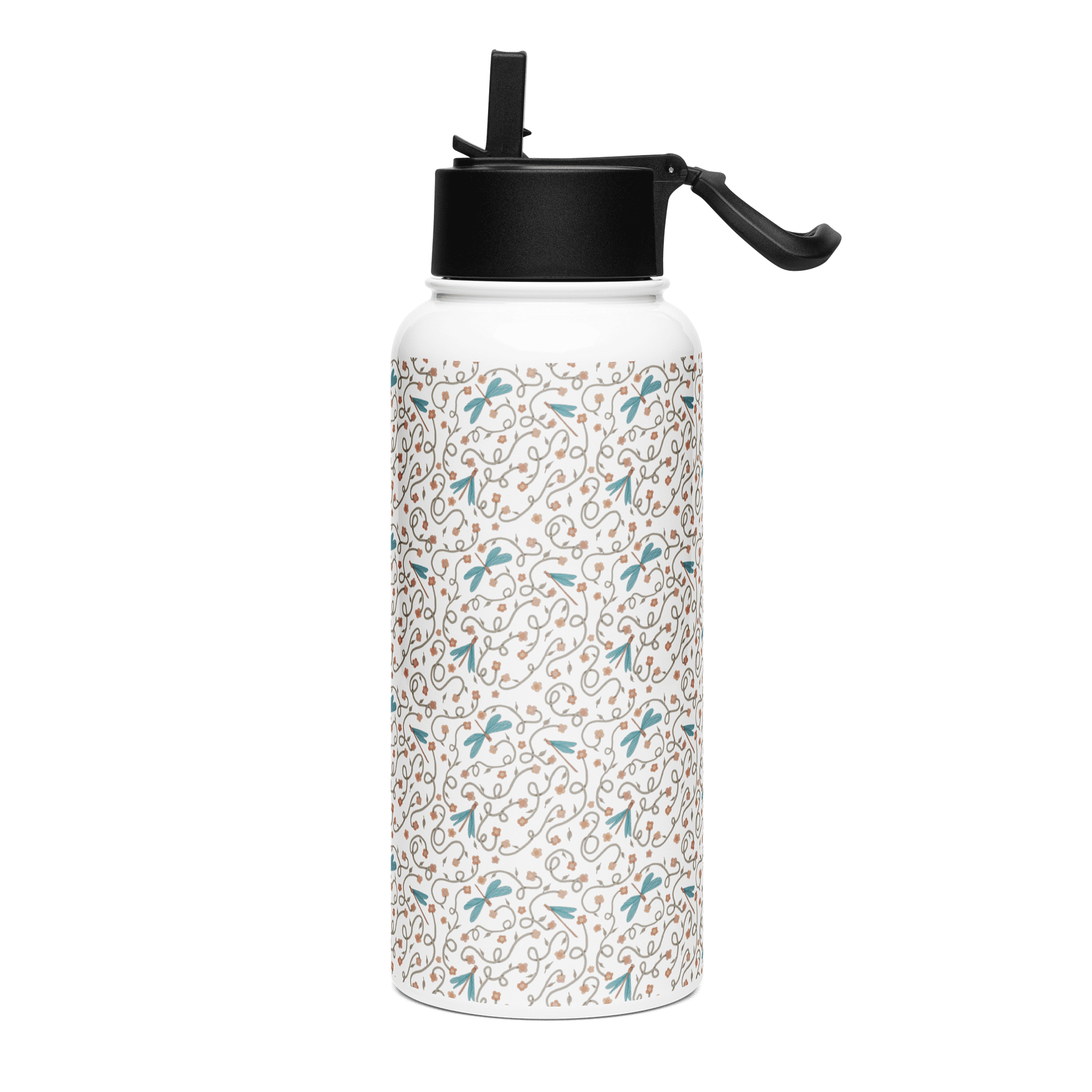 Stainless steel water bottle with straw lid. Dragonfly and floral artistic design product image (3)