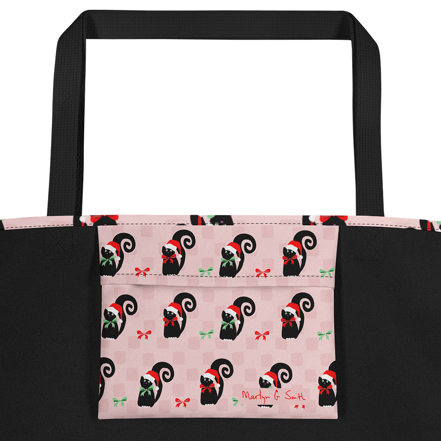Black Christmas Kitties On Pink Checkerboard – Large Tote Bag product image (2)