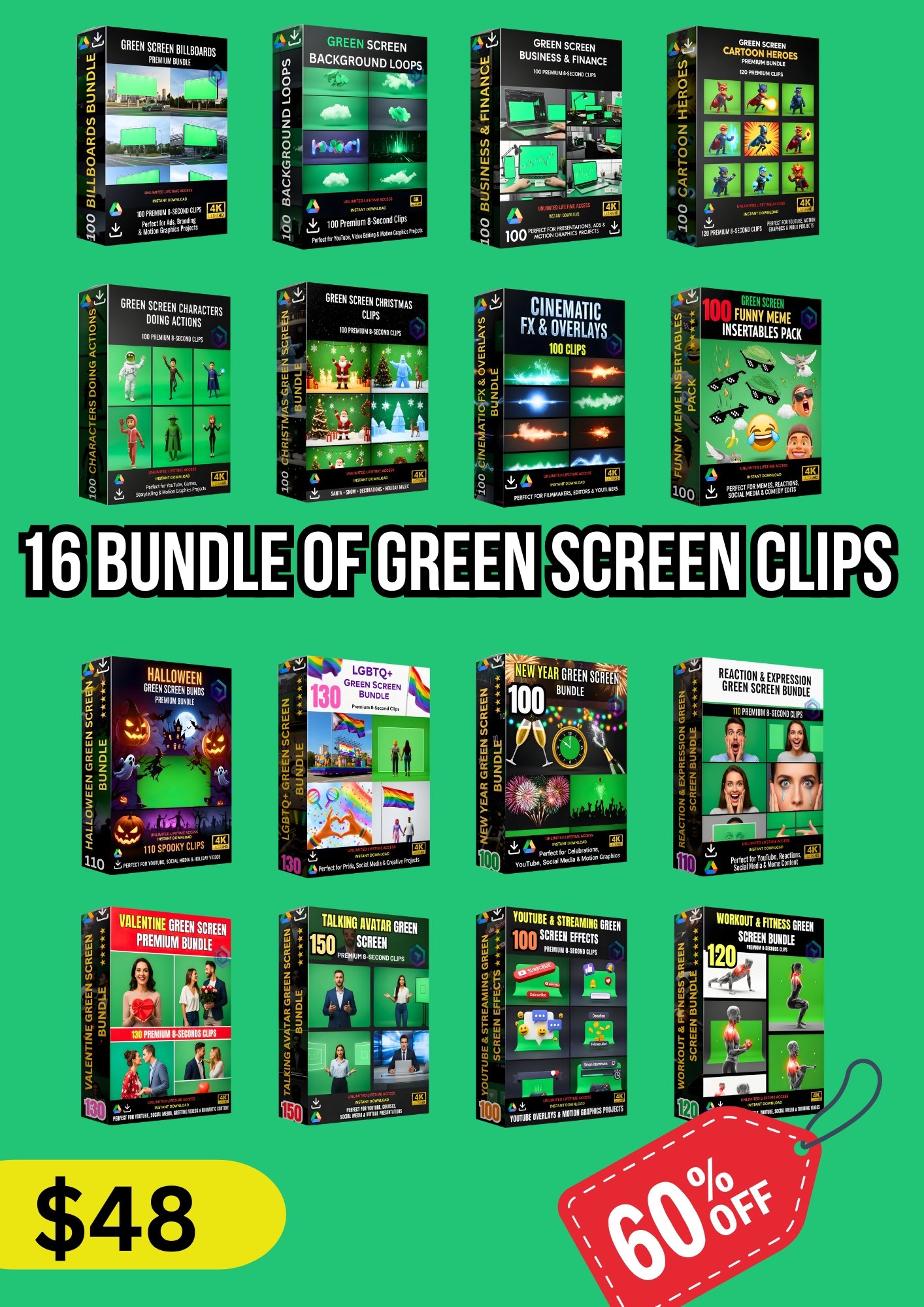 16 BUNDLE OF GREEN SCREEN CLIPS WITH FREE ACCESS FOR UPCOMING GREEN SCREEN BUNDLES product image (1)