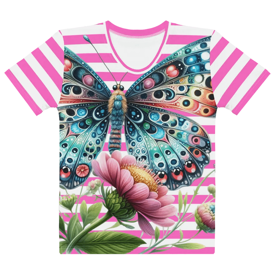 Whimsical Eyes Butterfly Women's Pink Stripped T-Shirt product image (9)