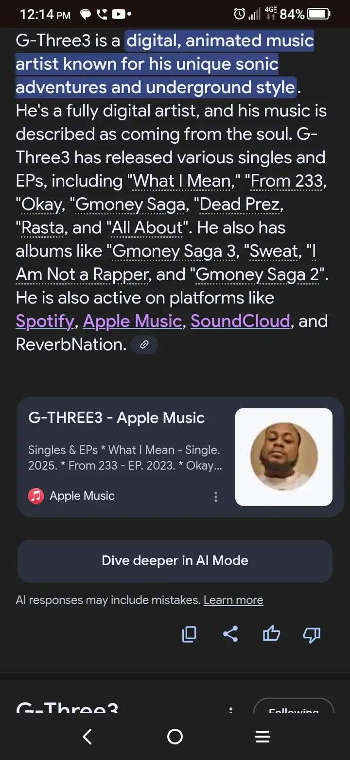 hey Google G-Three3 and hit the links download and share music and buy you some merch 