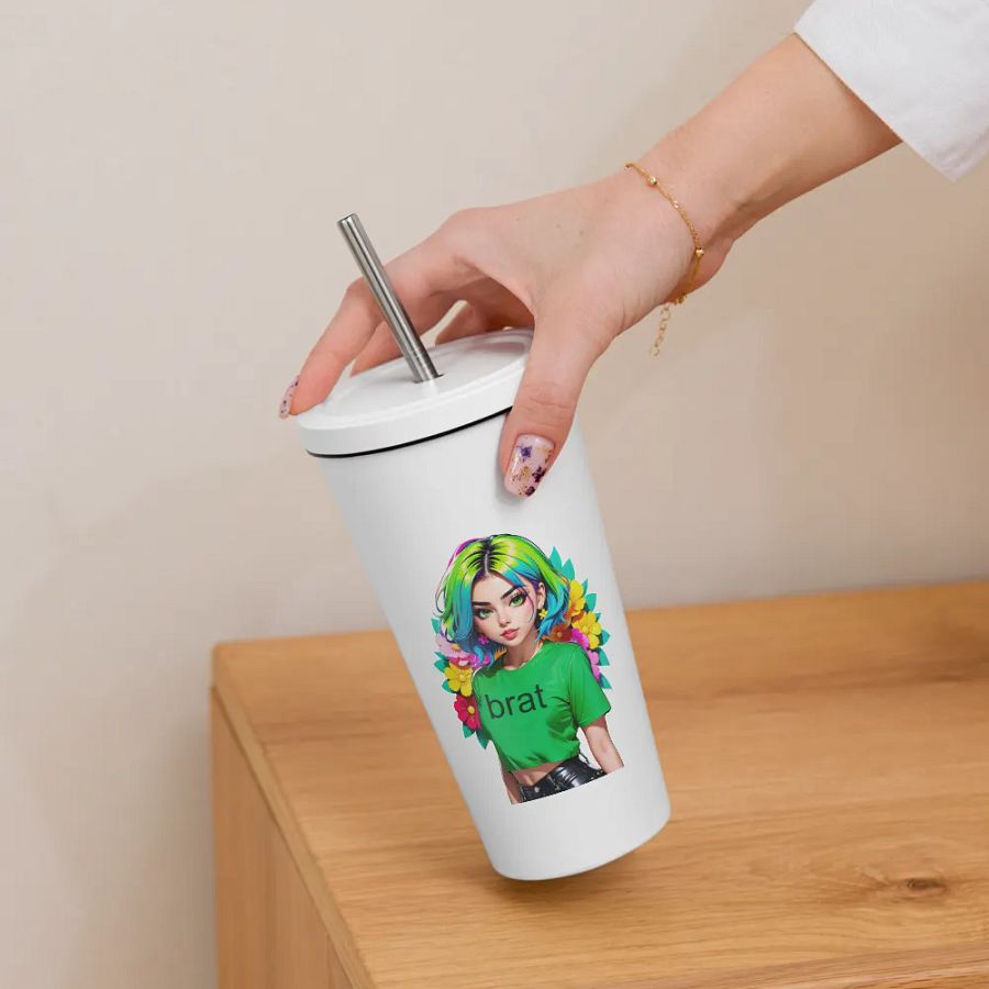 Brat 20 oz Tumbler Cup - White - Insulated Tumbler with a Straw v1 product image (6)