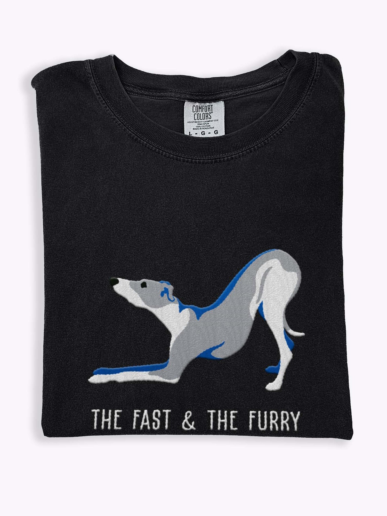 The Fast & The Furry T-Shirt(Embroidered) of an Italian Greyhound(Blue & White) product image (1)