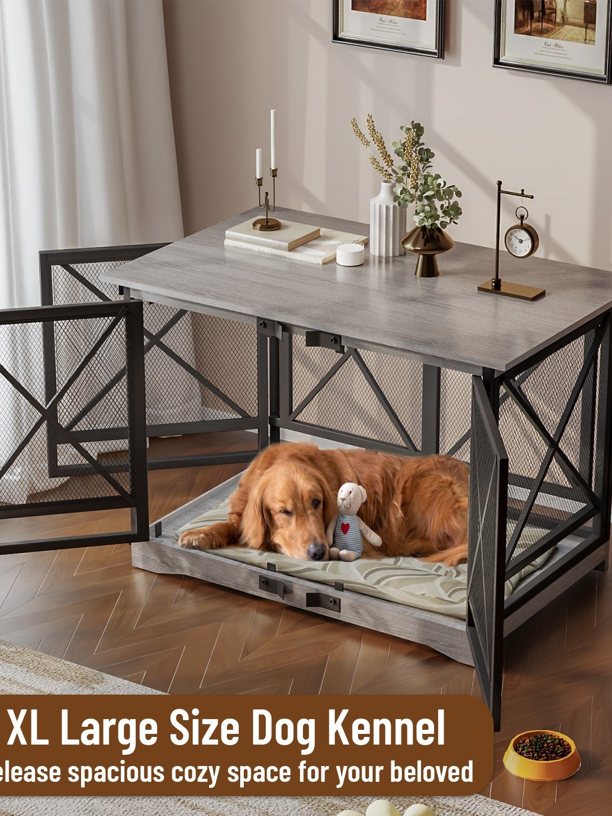 48 inch Extra Large Dog Crate Furniture,Double Door Indoor Kennel,End Side Table Wooden Dog Crates,Anti-Chew Anti-Escape, Gray product image (6)