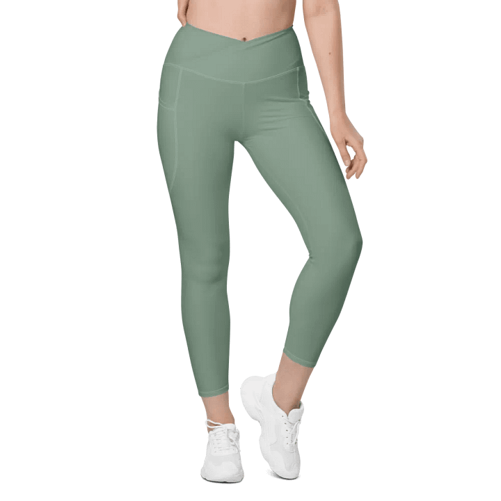Plain Medium Sage Green Soft Summer Women's High Waisted Premium Crossover Leggings with Pockets by Treasure Pie product image (2)