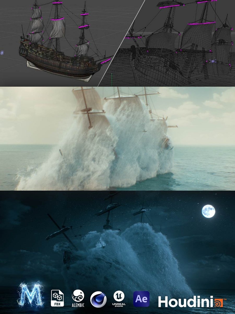 Realistic Pirate Ship Ocean Breach - Sails Rigged & Animated with Wind (C4D, FBX, Alembic) product image (1)