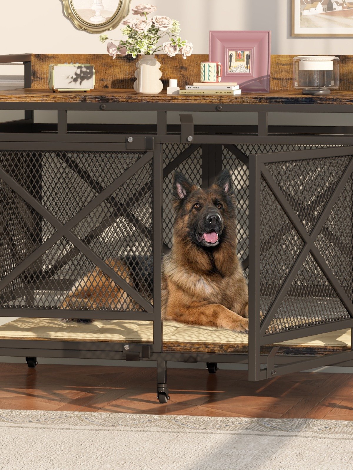 48 inch Dog Crate Furniture for Large Breeds (Up to 90 lb), Wooden & Steel, 360° Casters, Waterproof Top, Steel Lock,Vintage Brown product image (9)