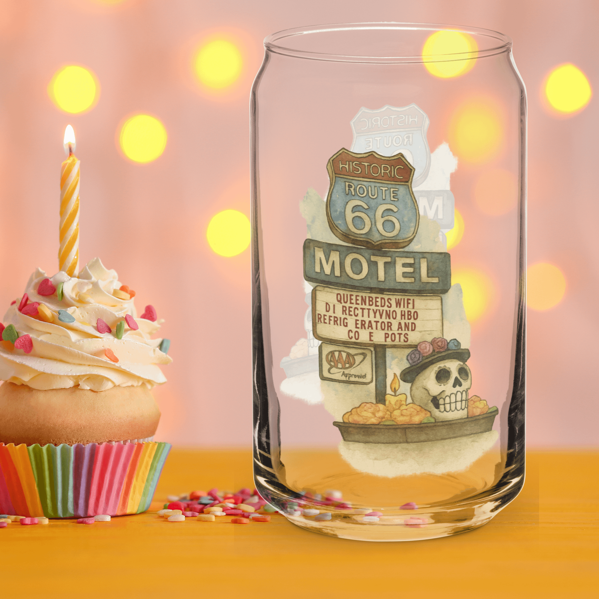 Route 66 Motel Glass – Vintage Skull & Flowers Can-Shaped Pint product image (1)