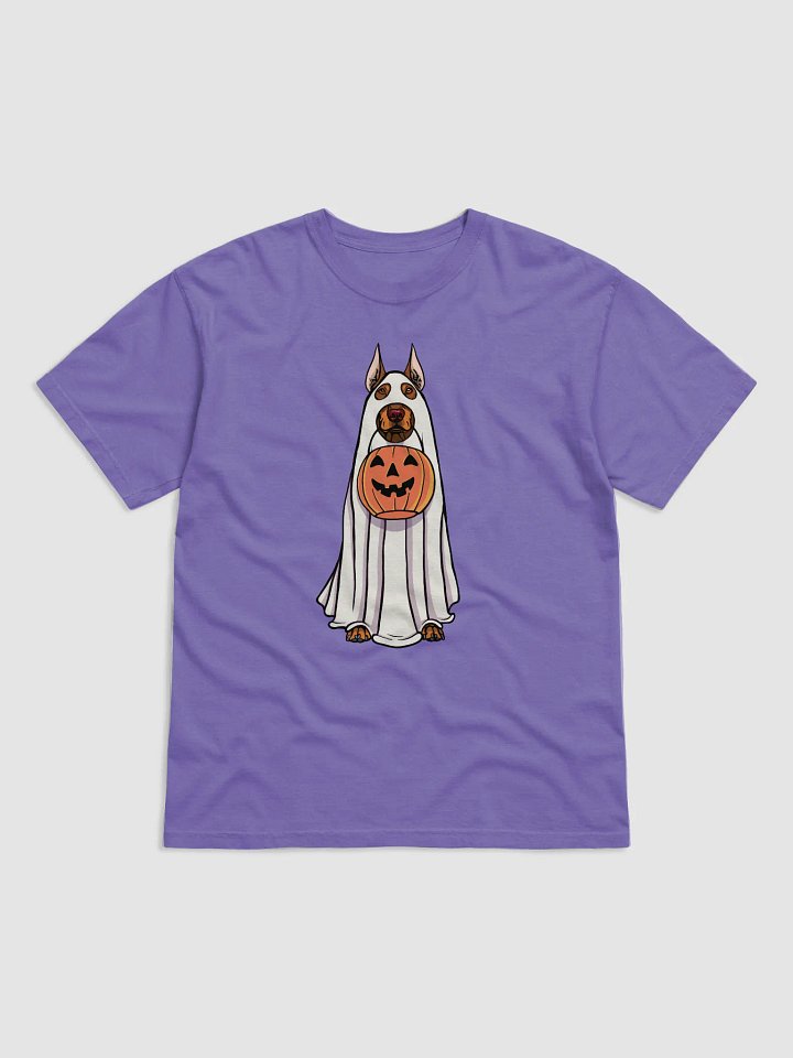 Funny Halloween Doberman(Red) T-Shirt | Funny Doberman Wearing a Ghost Costume and Holding a Pumpkin Basket product image (1)