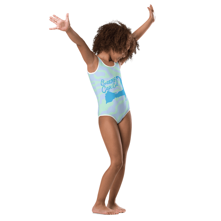 Girls' One-Piece Swimsuit | BOURNE to Cape Cod™ Front Logo | Coastal Kids Swimwear | Blue Logo on Pastel Zebra product image (1)