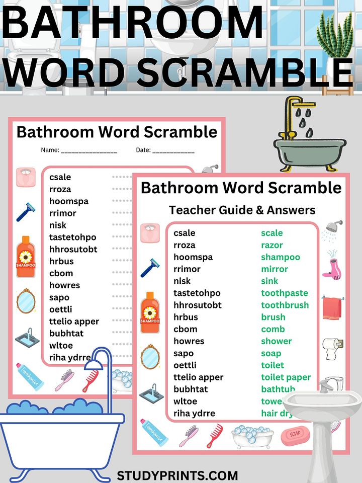Bathroom Word Scramble worksheet product image (1)