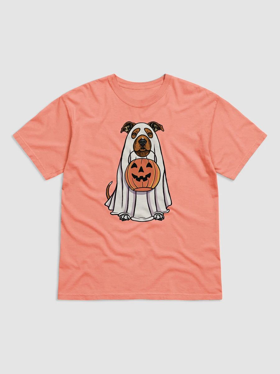 Funny Halloween Pitbull Terrier(Red) T-Shirt | Funny Pittie Wearing a Ghost Costume and Holding a Pumpkin Basket product image (22)