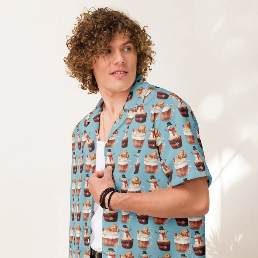 Xmas tea time gingerbread man latte cupcake Unisex Hawaiian Shirt product image (7)