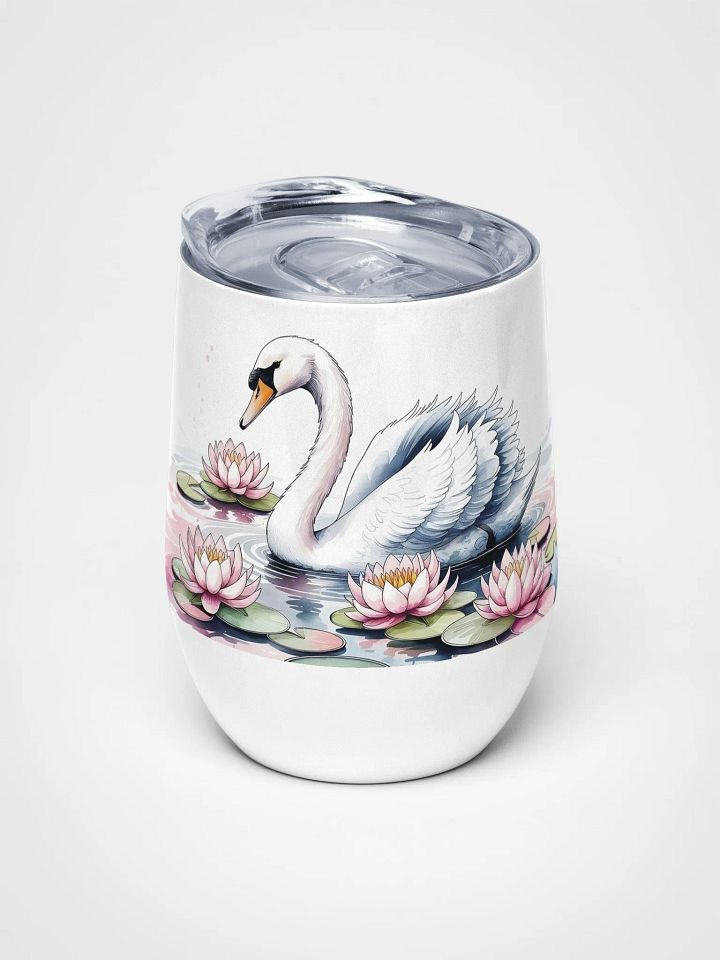 Graceful Swan in Water Lilies 12 Oz Wine Tumbler – Elegant Swan & Water Lily Watercolor Design product image (2)