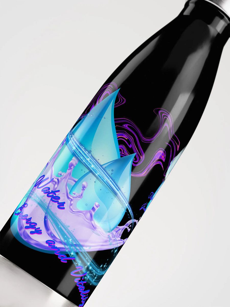 Stainless Steatl water bottle with beautiful swirly blue water drops  featuring ' This water gives energy and vitality