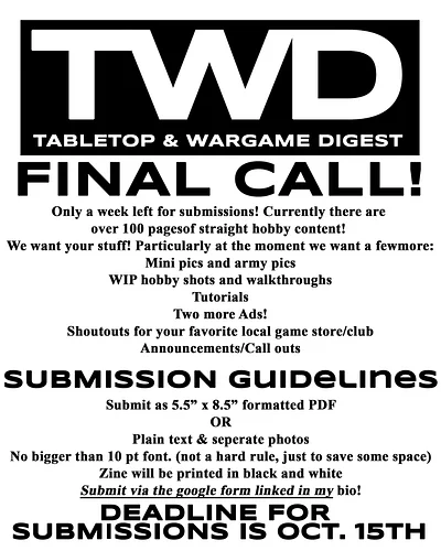 Last call for TWD Issue #1 submissions! On October 15th, submissions CLOSE, and preorders OPEN. Over 100 pages of battle repo...